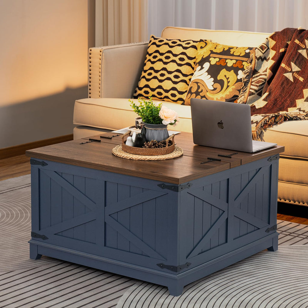 Joaxswe Farmhouse Coffee Table with Hidden Lift Top Storage - Navy Blue Square Wood Center Table 30"x30"