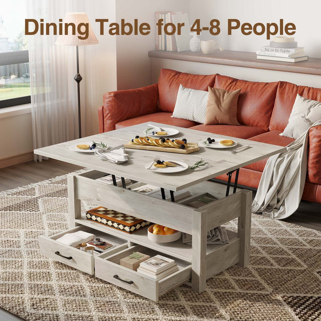 Rolanstar Split Lift Top Coffee Table - Convertible Dining Table with Drawers & Hidden Storage for Living Room & Home Office