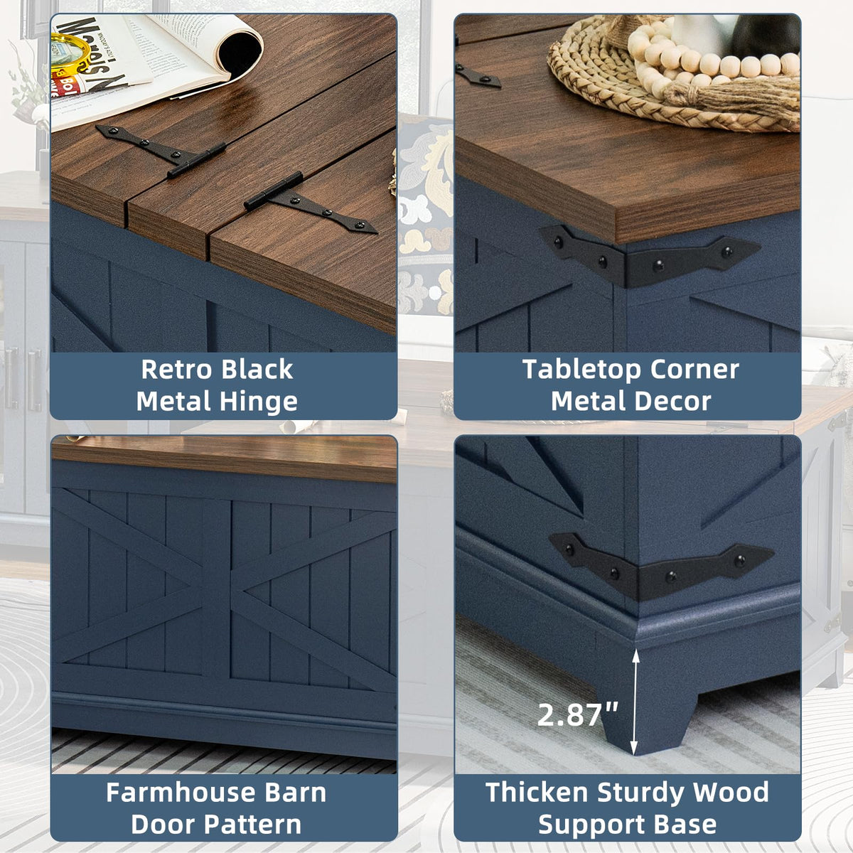 Joaxswe Farmhouse Coffee Table with Hidden Lift Top Storage - Navy Blue Square Wood Center Table 30"x30"