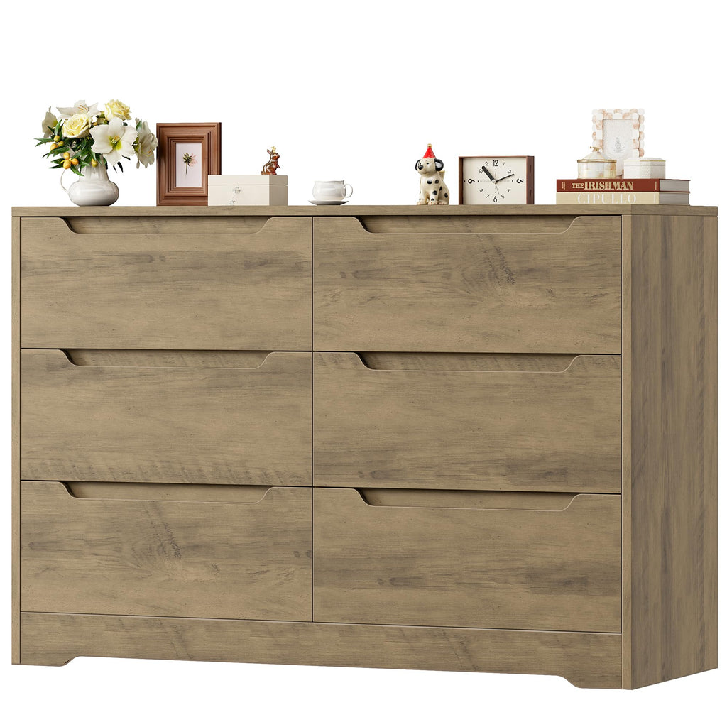HOCSOK 6 Drawer Dresser Chest of Drawers Wood Bedroom Storage Cabinet Bedside Table No Handle Rustic Brown
