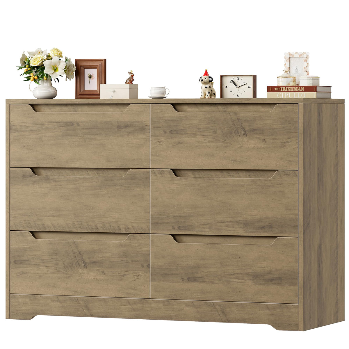 HOCSOK 6 Drawer Dresser Chest of Drawers Wood Bedroom Storage Cabinet Bedside Table No Handle Rustic Brown
