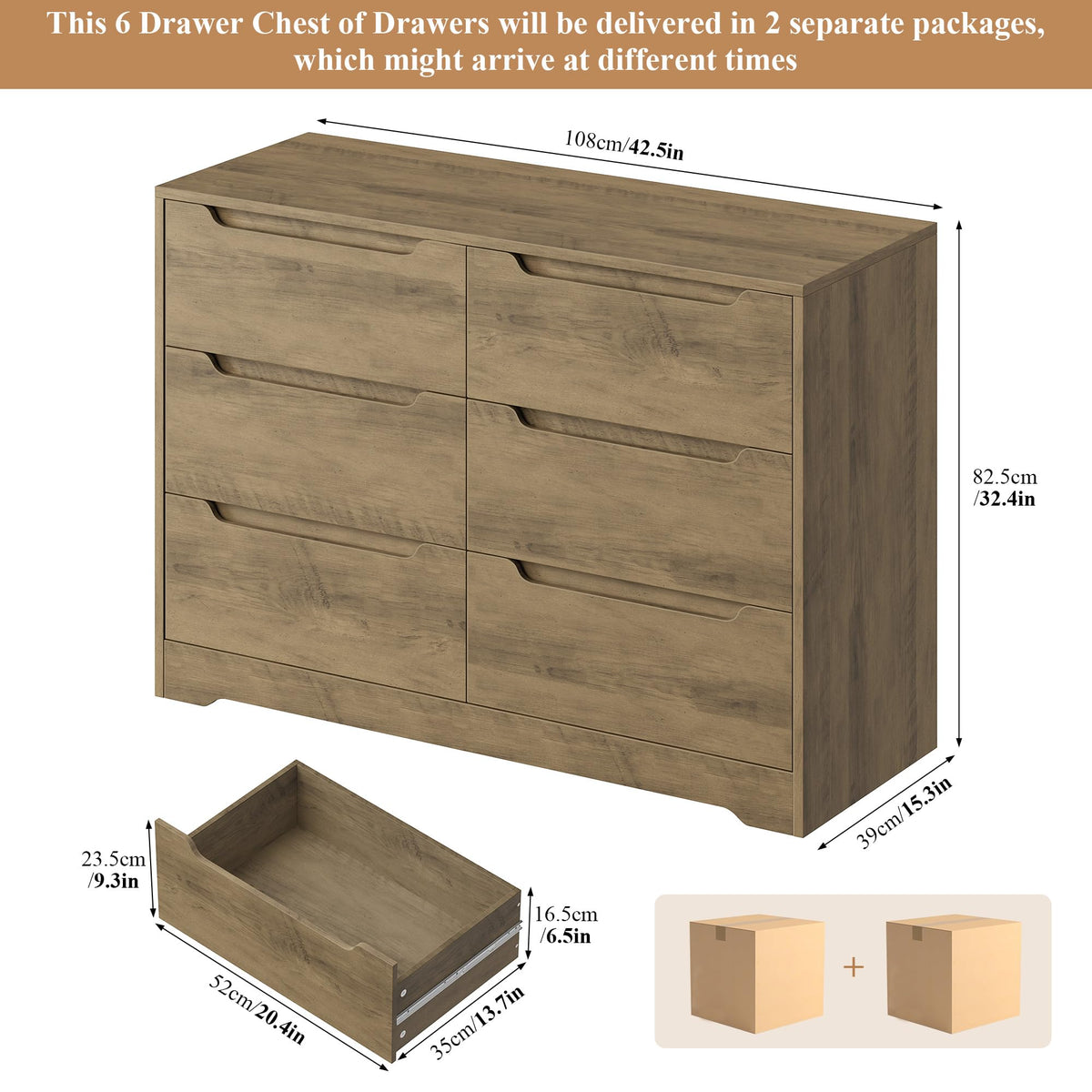 HOCSOK 6 Drawer Dresser Chest of Drawers Wood Bedroom Storage Cabinet Bedside Table No Handle Rustic Brown