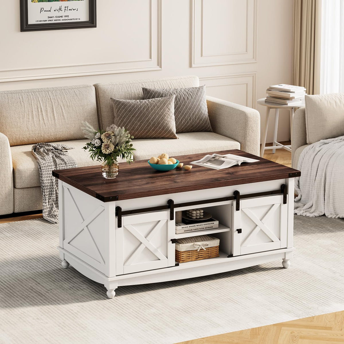 ALLSTAND 48" Farmhouse Lift Top Coffee Table with Sliding Barn Door Storage & Hidden Compartment, Brown & White