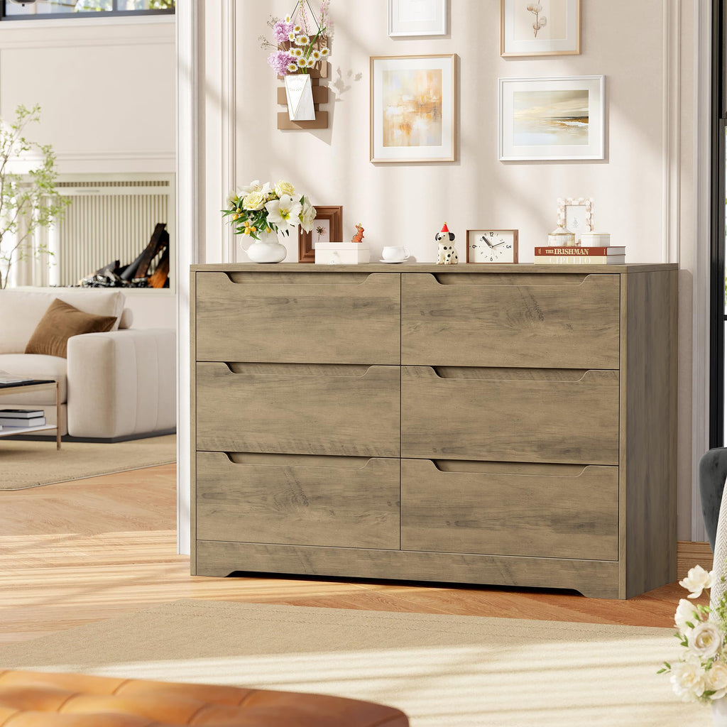 HOCSOK 6 Drawer Dresser Chest of Drawers Wood Bedroom Storage Cabinet Bedside Table No Handle Rustic Brown