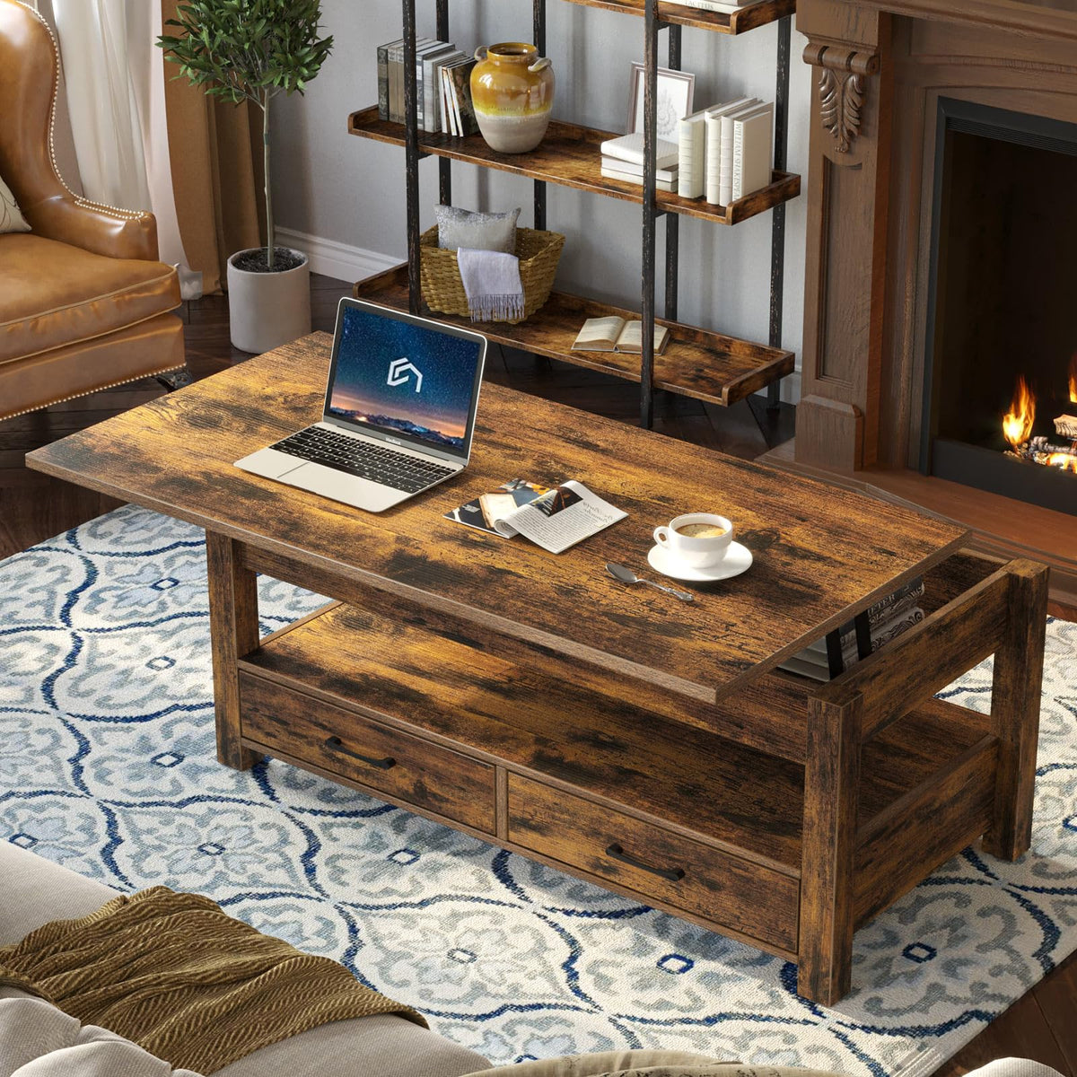 Rolanstar Lift Top Coffee Table with Drawers & Hidden Compartment - Rustic Brown Industrial Style Living Room Table
