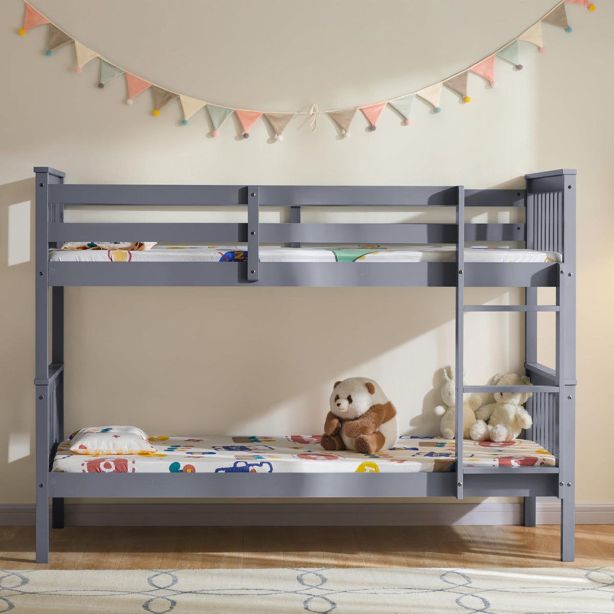 Vida Designs Milan Single Bunk Bed Frame Grey Solid Pine Wood 3ft Twin Sleeper with Ladder & Guard Rails