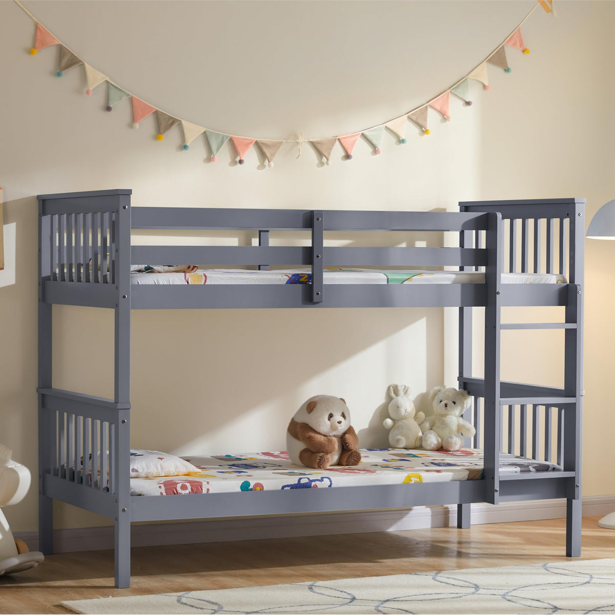 Vida Designs Milan Single Bunk Bed Frame Grey Solid Pine Wood 3ft Twin Sleeper with Ladder & Guard Rails