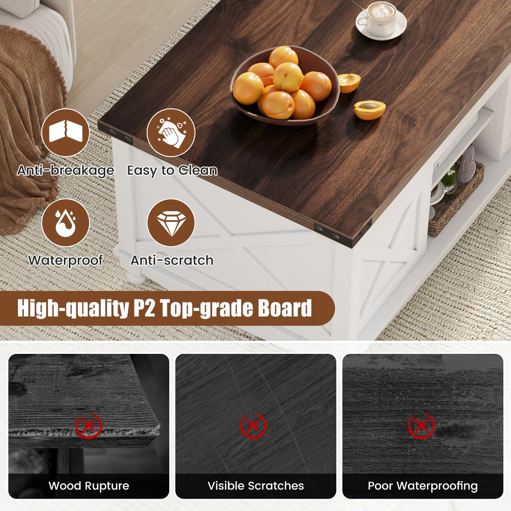 ALLSTAND 48" Farmhouse Lift Top Coffee Table with Sliding Barn Door Storage & Hidden Compartment, Brown & White