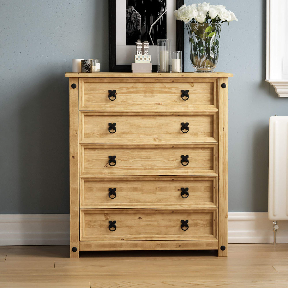 Vida Designs Corona 5 Drawer Chest of Drawers Solid Pine Wood Natural Finish 80cm Wide