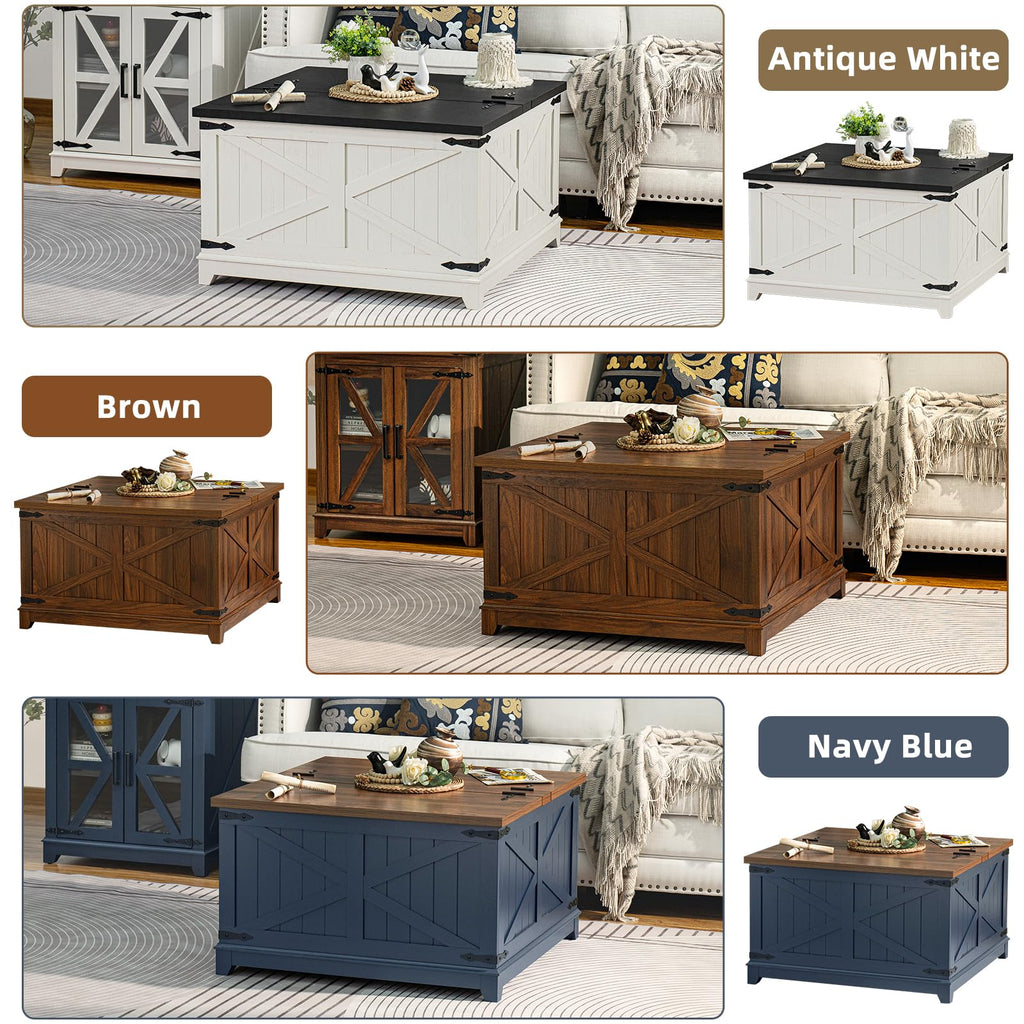 Joaxswe Farmhouse Coffee Table with Hidden Lift Top Storage - Navy Blue Square Wood Center Table 30"x30"