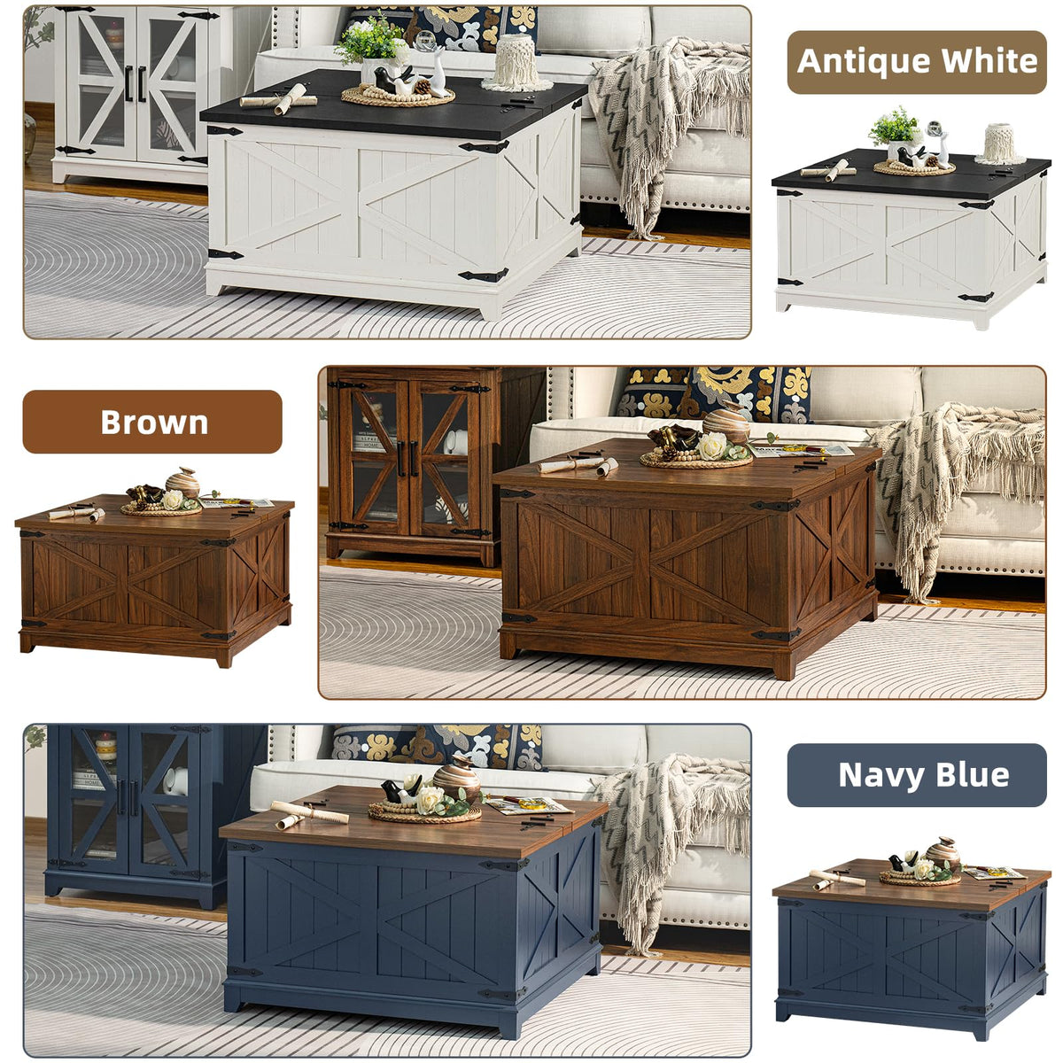 Joaxswe Farmhouse Coffee Table with Hidden Lift Top Storage - Navy Blue Square Wood Center Table 30"x30"