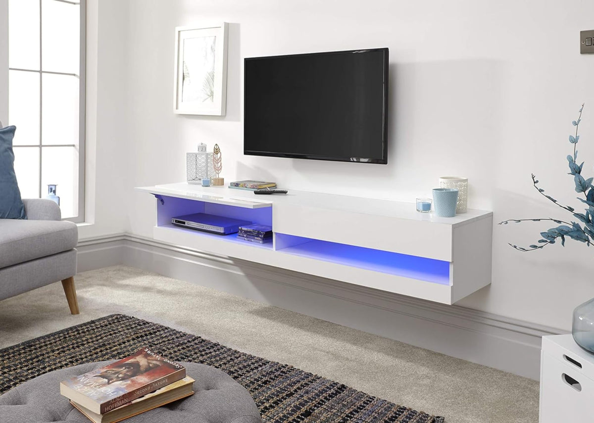 GFW Galicia 180cm White Floating TV Unit with LED - Wall-Mounted Cabinet with Lift-Up Doors