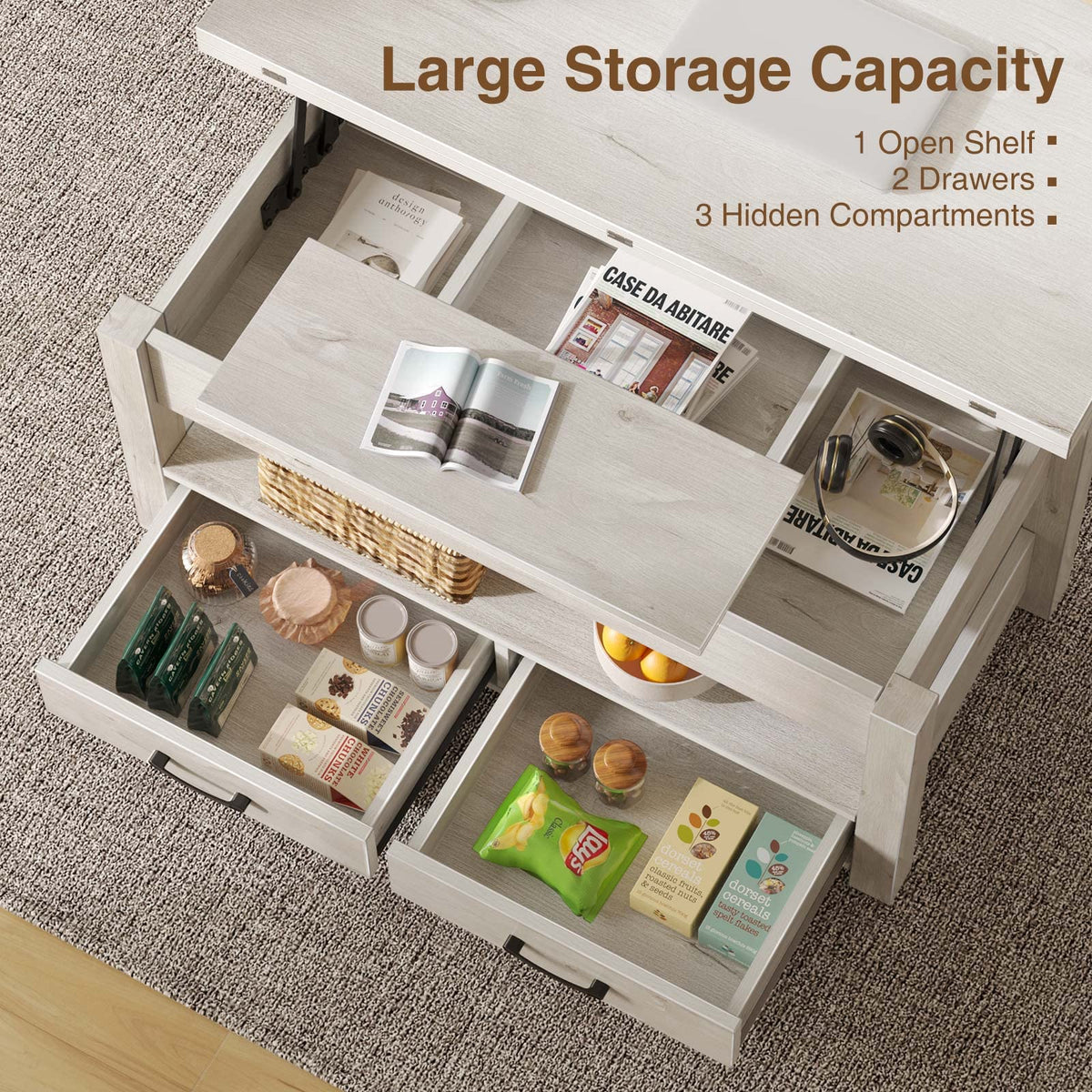 Rolanstar Split Lift Top Coffee Table - Convertible Dining Table with Drawers & Hidden Storage for Living Room & Home Office