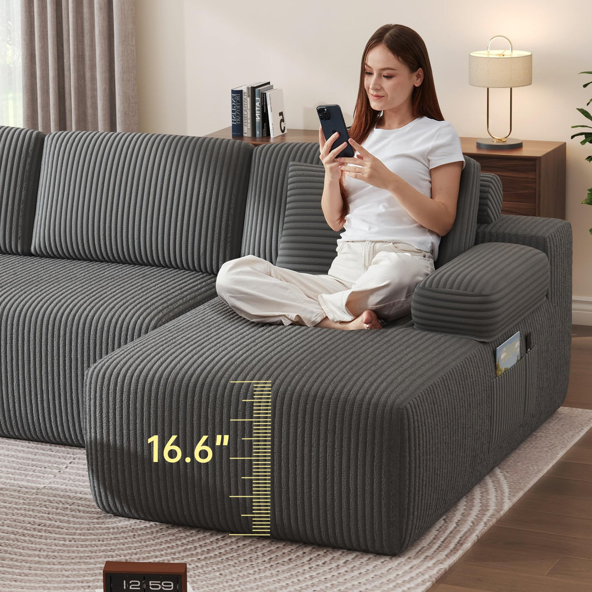 DURASPACE 126" U Shaped Modular Sofa with Chaise - Cloud Comfort Sectional Couch, Corduroy 4-Seater, Grey