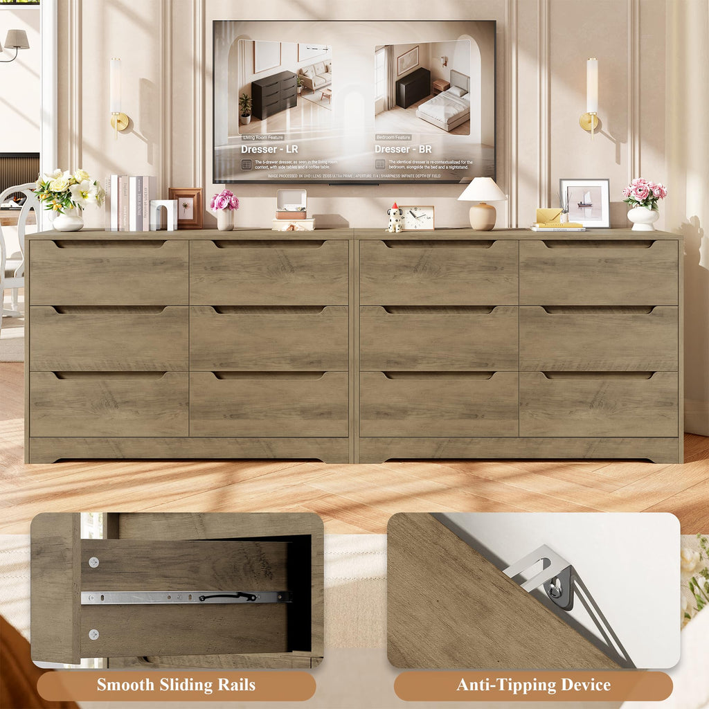HOCSOK 6 Drawer Dresser Chest of Drawers Wood Bedroom Storage Cabinet Bedside Table No Handle Rustic Brown