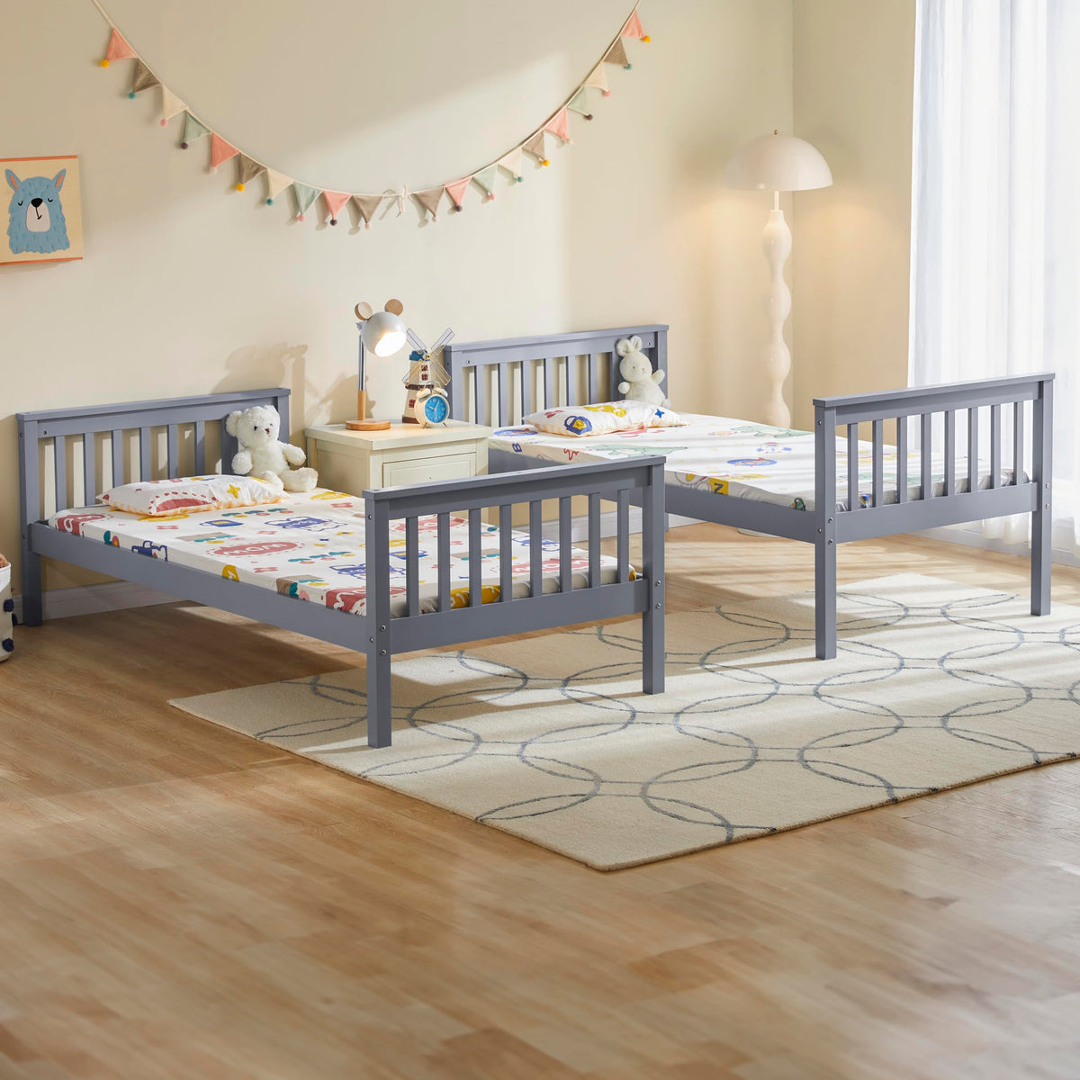 Vida Designs Milan Single Bunk Bed Frame Grey Solid Pine Wood 3ft Twin Sleeper with Ladder & Guard Rails