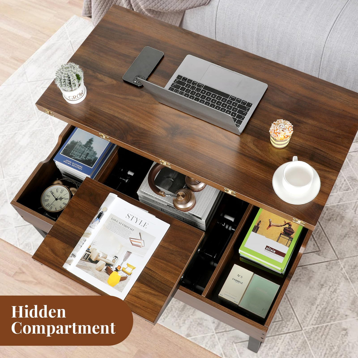 VOWNER Lift Top Coffee Table 3-in-1 Convertible Living Room Dining Table with Hidden Storage - Walnut