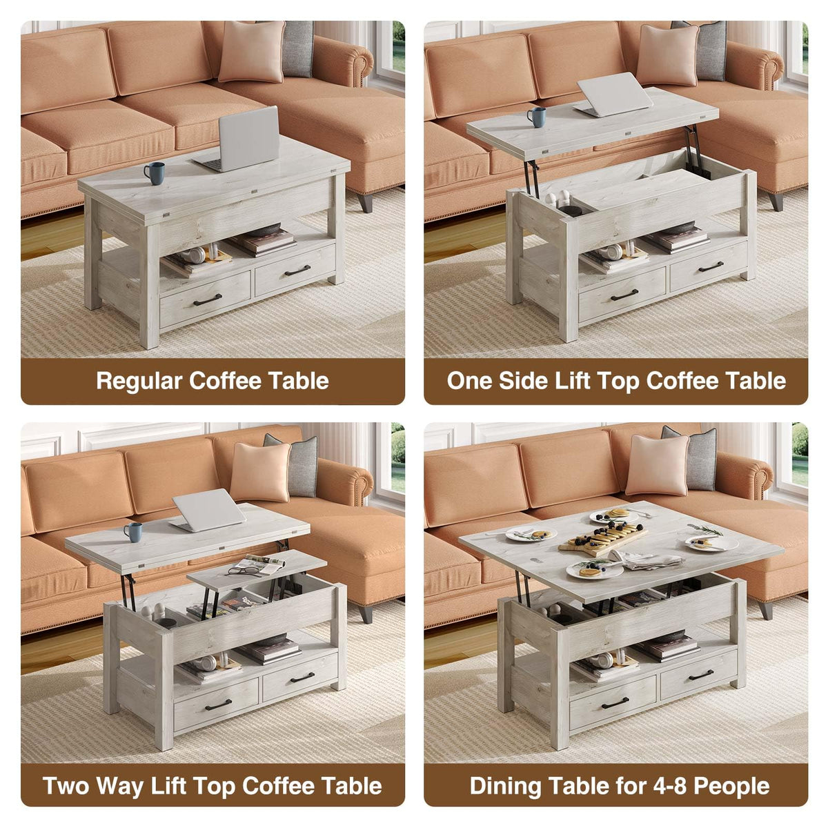 Rolanstar Split Lift Top Coffee Table - Convertible Dining Table with Drawers & Hidden Storage for Living Room & Home Office
