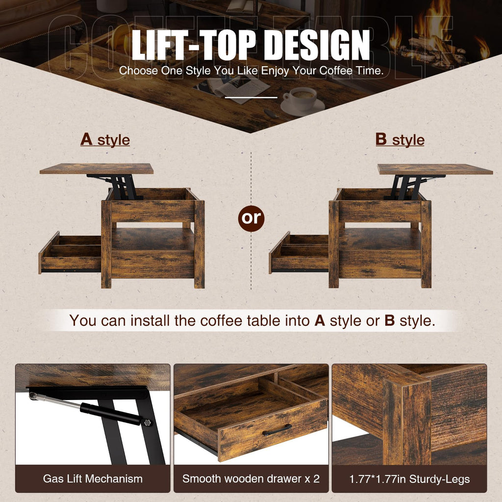 Rolanstar Lift Top Coffee Table with Drawers & Hidden Compartment - Rustic Brown Industrial Style Living Room Table