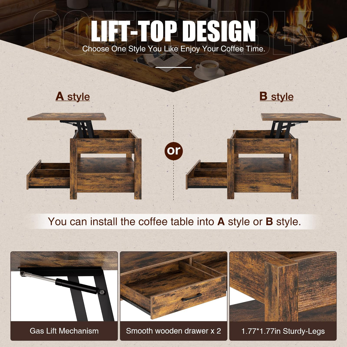 Rolanstar Lift Top Coffee Table with Drawers & Hidden Compartment - Rustic Brown Industrial Style Living Room Table