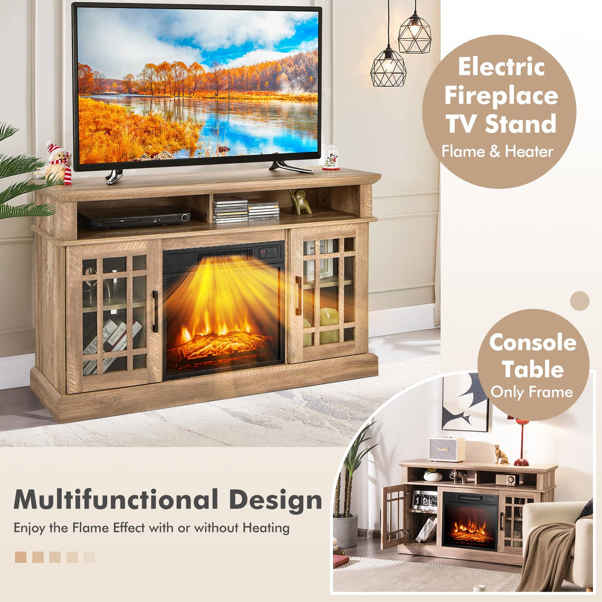 COSTWAY Electric Fireplace Insert TV Stand with Remote, Entertainment Center Console, Adjustable Flame & Overheat Protection