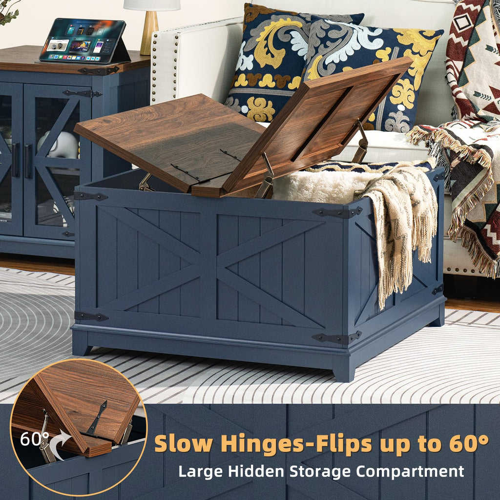 Joaxswe Farmhouse Coffee Table with Hidden Lift Top Storage - Navy Blue Square Wood Center Table 30"x30"