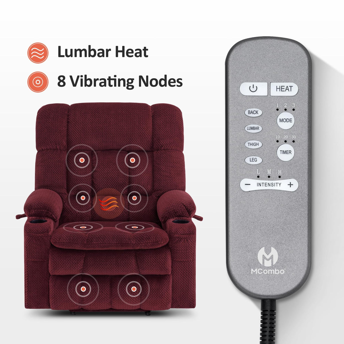 MCombo Oversized Dual Motor Electric Power Lift Recliner with Heat & Massage - Infinite Position Chair for Elderly
