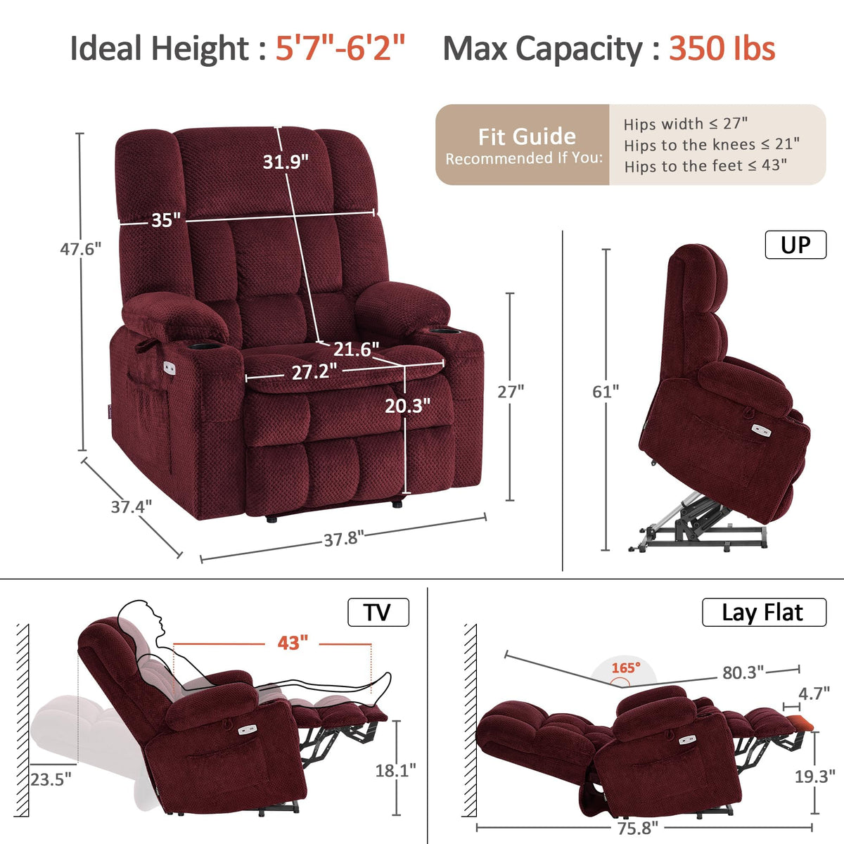 MCombo Oversized Dual Motor Electric Power Lift Recliner with Heat & Massage - Infinite Position Chair for Elderly