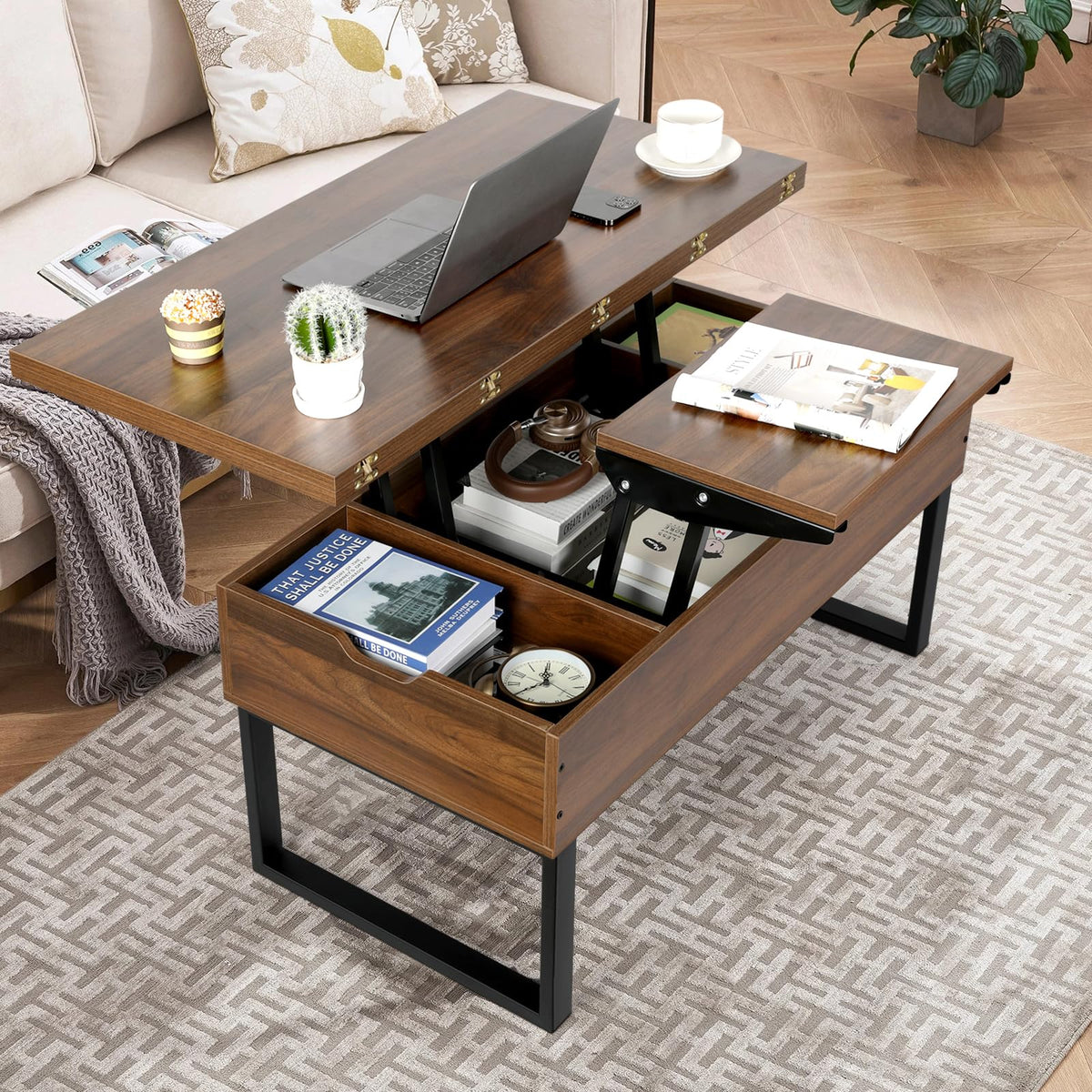 VOWNER Lift Top Coffee Table 3-in-1 Convertible Living Room Dining Table with Hidden Storage - Walnut