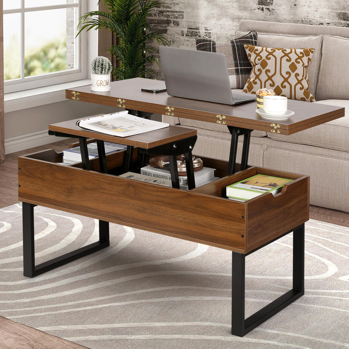 VOWNER Lift Top Coffee Table 3-in-1 Convertible Living Room Dining Table with Hidden Storage - Walnut