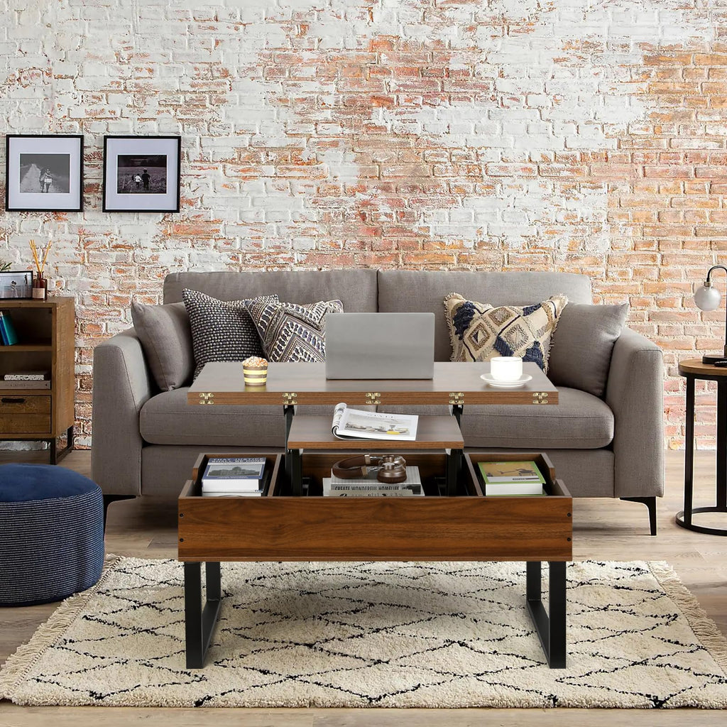 VOWNER Lift Top Coffee Table 3-in-1 Convertible Living Room Dining Table with Hidden Storage - Walnut