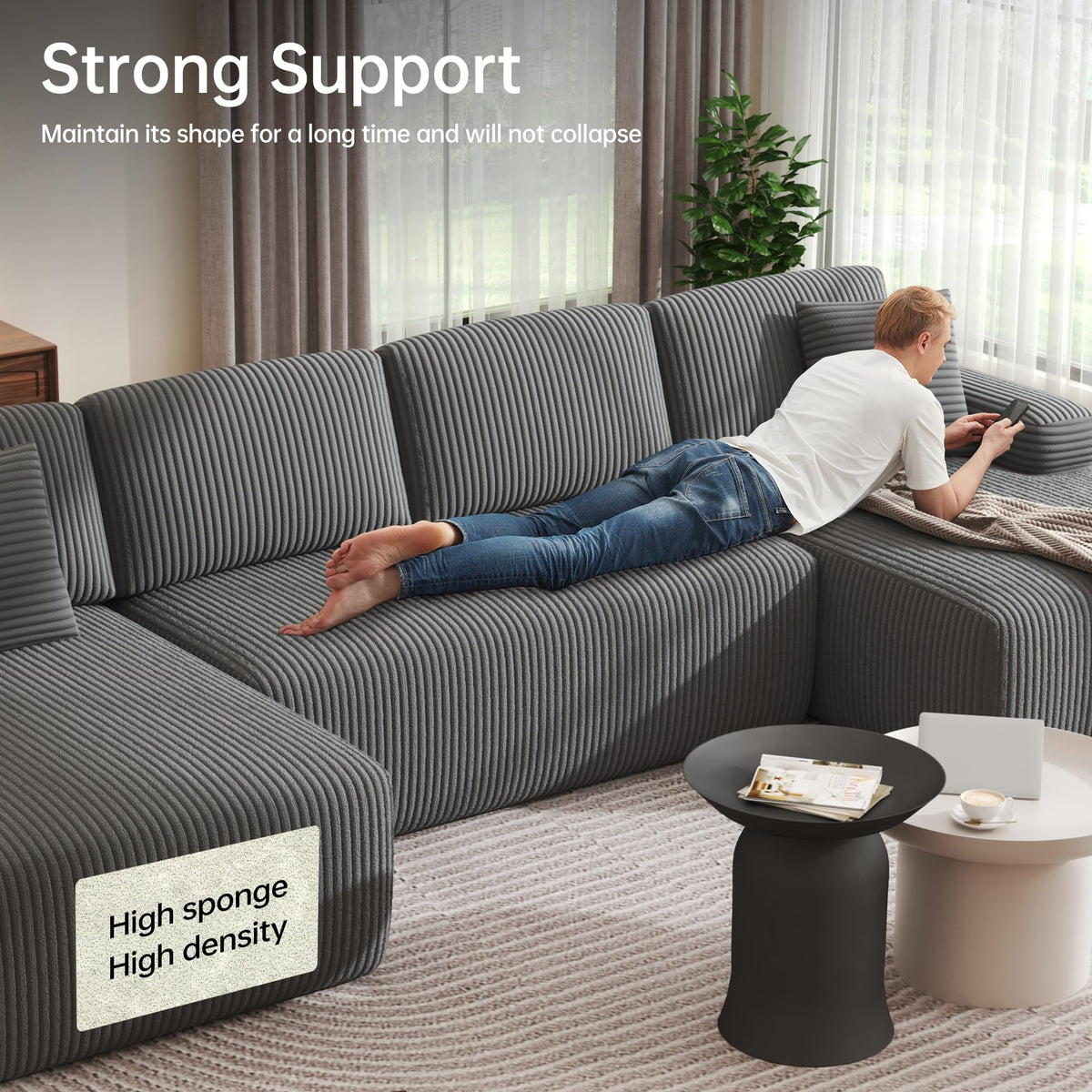 DURASPACE 126" U Shaped Modular Sofa with Chaise - Cloud Comfort Sectional Couch, Corduroy 4-Seater, Grey
