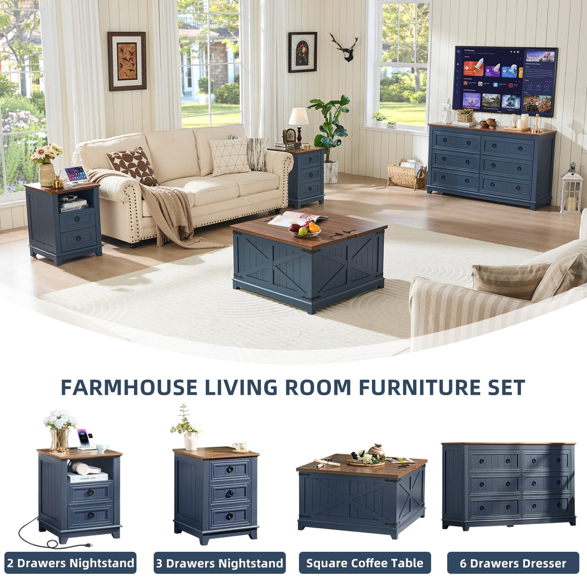 Joaxswe Farmhouse Coffee Table with Hidden Lift Top Storage - Navy Blue Square Wood Center Table 30"x30"