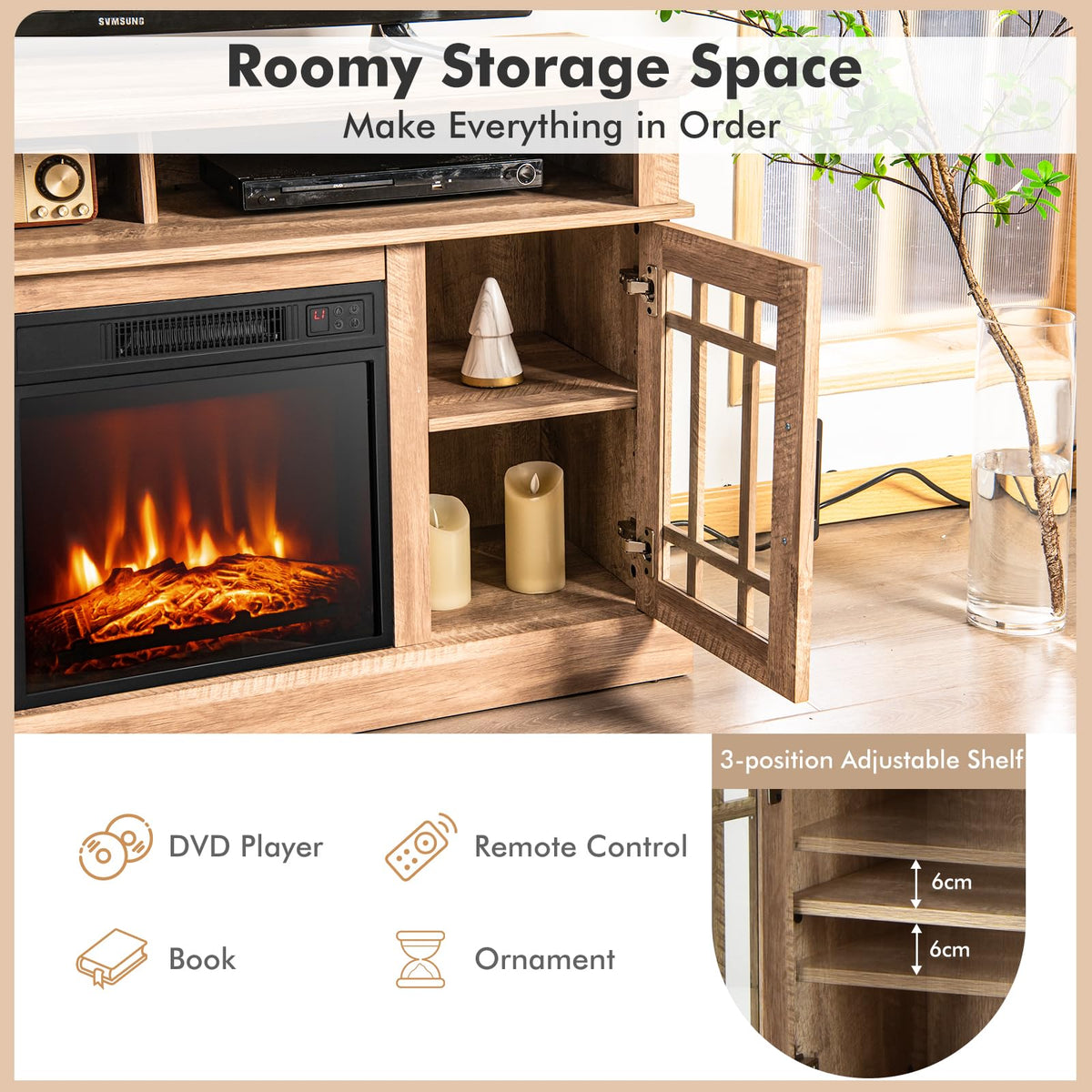 COSTWAY Electric Fireplace Insert TV Stand with Remote, Entertainment Center Console, Adjustable Flame & Overheat Protection