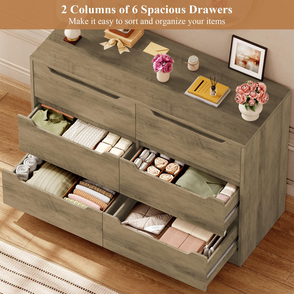 HOCSOK 6 Drawer Dresser Chest of Drawers Wood Bedroom Storage Cabinet Bedside Table No Handle Rustic Brown