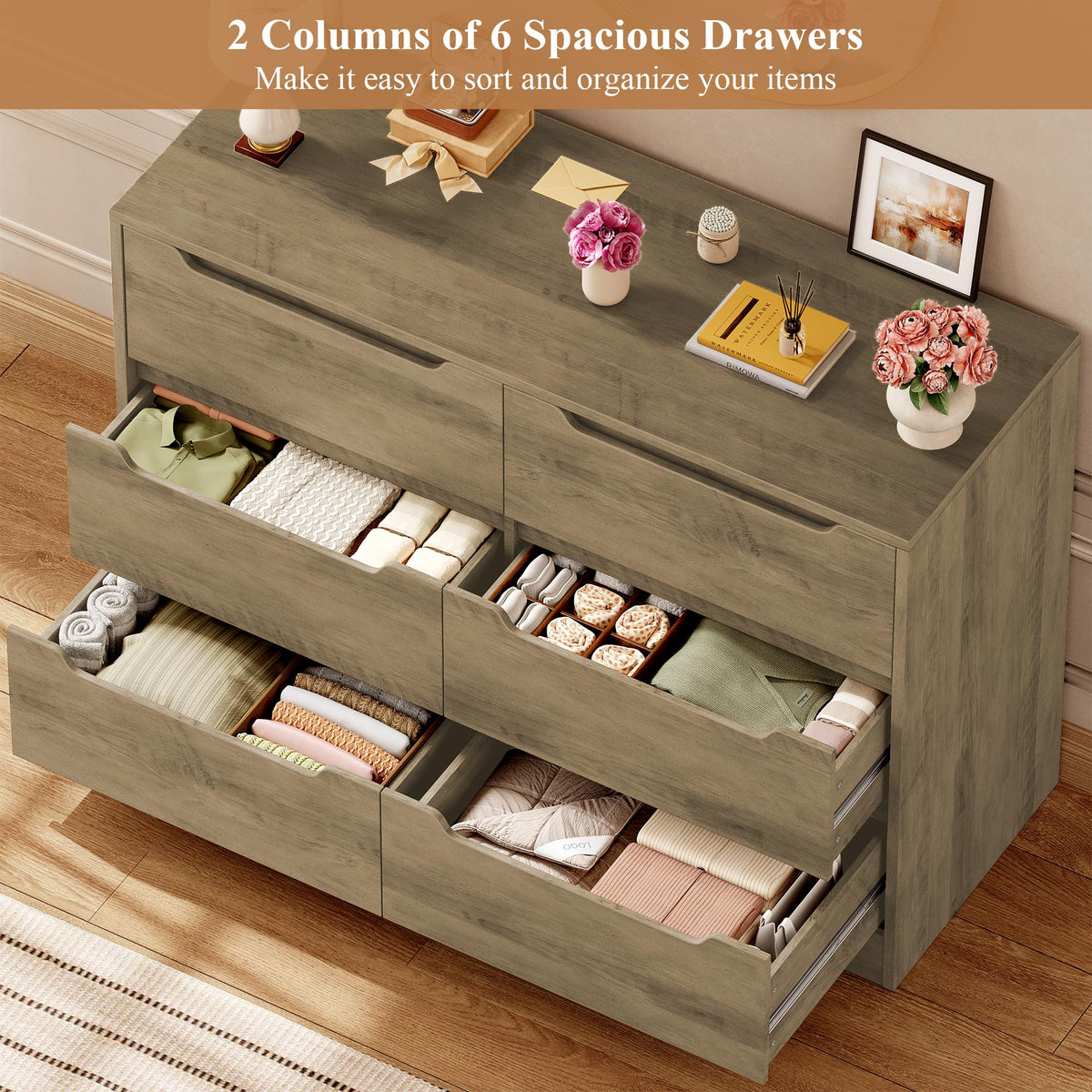 HOCSOK 6 Drawer Dresser Chest of Drawers Wood Bedroom Storage Cabinet Bedside Table No Handle Rustic Brown