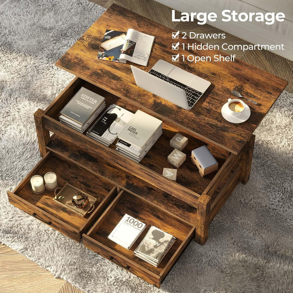 Rolanstar Lift Top Coffee Table with Drawers & Hidden Compartment - Rustic Brown Industrial Style Living Room Table