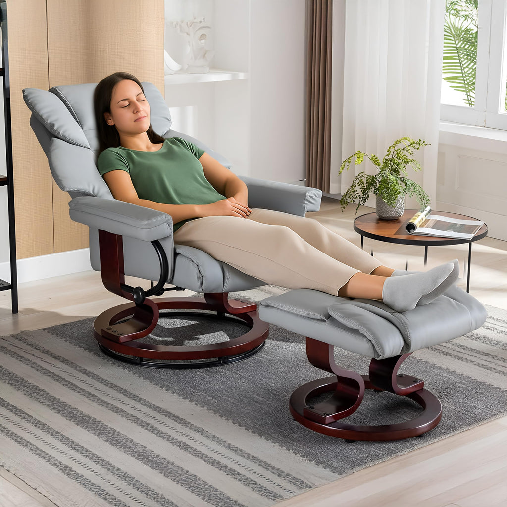 Blisswood Grey Recliner Chair with Footstool, 135° Swivel Armchair, PU Leather, Ergonomic High Back, 160kg Capacity