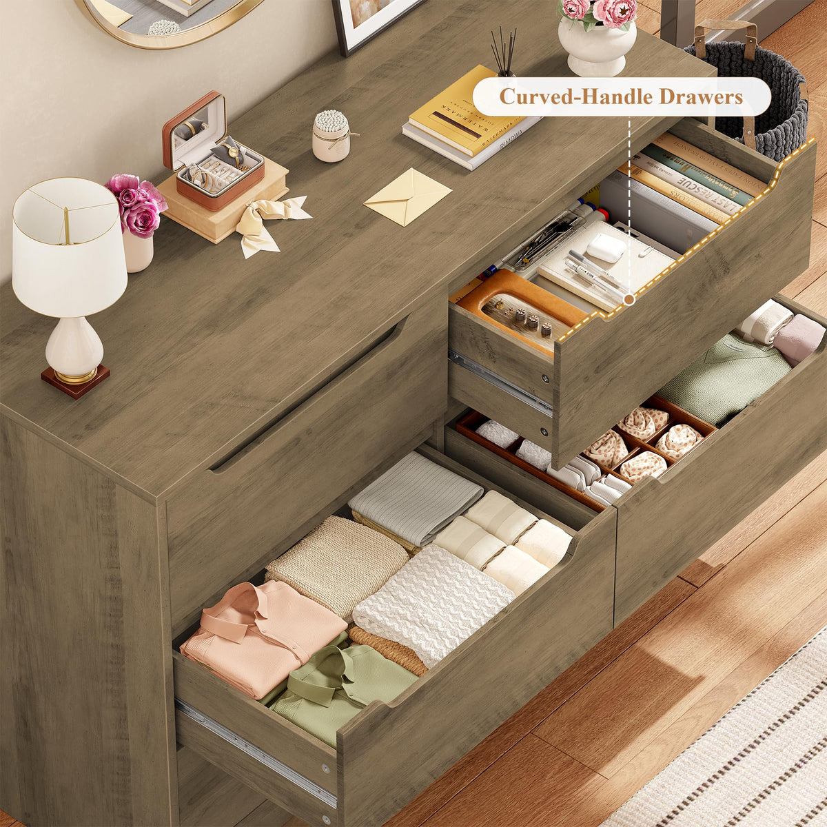 HOCSOK 6 Drawer Dresser Chest of Drawers Wood Bedroom Storage Cabinet Bedside Table No Handle Rustic Brown